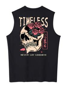 Men's Creative Rose Skull Print Tank Top - Black - View 2