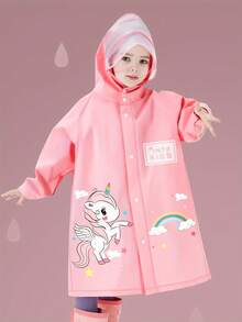 Outdoor Waterproof Raincoat With A Cartoon Pink Rainbow Unicorn Design, Featuring An Open Backpack Slot, Suitable For Outdoor Activities, Camping, Walking To And From School, With A Windproof And Waterproof Transparent Brim, Sold As A Single Piece.
