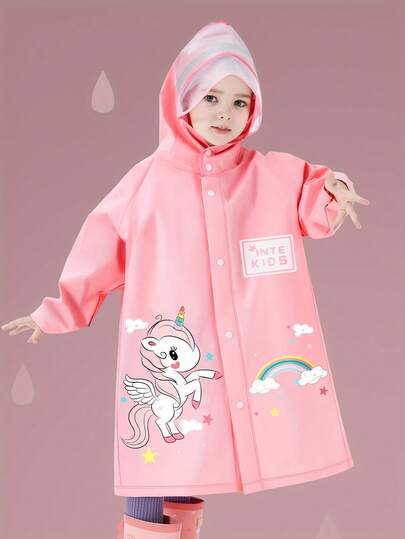 Outdoor Waterproof Raincoat With A Cartoon Pink Rainbow Unicorn Design, Featuring An Open Backpack Slot, Suitable For Outdoor Activities, Camping, Walking To And From School, With A Windproof And Waterproof Transparent Brim, Sold As A Single Piece.