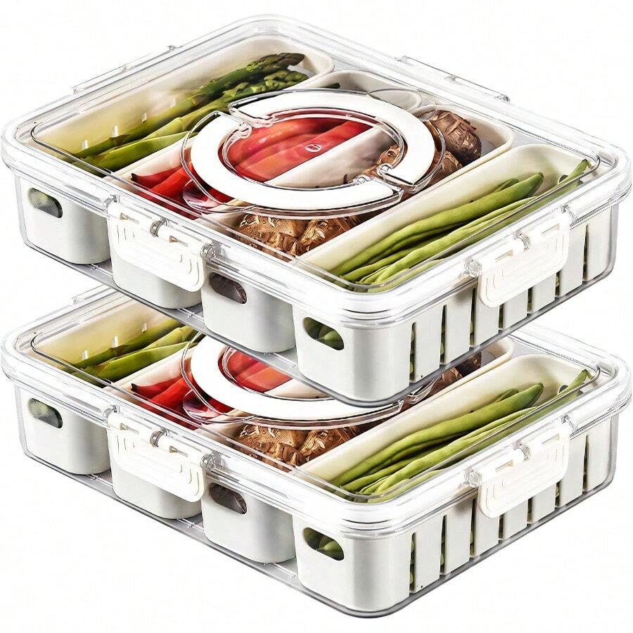 MineSign 2Pack Divided Snackle Box With Lids Stackable Food Serving Tray For FruitandVeggie Plastic Fridge Storage Container For Pantry Freezer Clear Snack Box For Meal Prep Candy Nuts Spice - 2 件裝,含 8 個隔層 - 查看 1