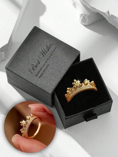 Gift Box Set Luxury Queen Crown Rhinestone Silver Ring, Fashion Jewelry For Women, Suitable For Wedding, Valentine's Day And Mother's Day