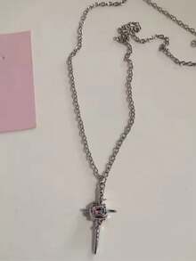 Gothic Y2K Pink Cross Heart Pendant Rope Chain Necklace For Women Fashion Hip Hop Rave Gift Jewelry Accessories - Pink - View 17