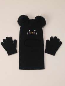 1 Set Balaclava+Gloves 1-5Y Cat Pom-Pom Black Balaclava Toddler Beanie Double Balls Baby Girls Boys Beanies Kids Winter Hats Children Knit Warm