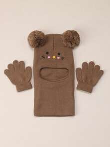 1 Set Balaclava+Gloves 1-5Y Cat Pom-Pom Black Balaclava Toddler Beanie Double Balls Baby Girls Boys Beanies Kids Winter Hats Children Knit Warm