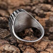 1 Piece Vintage Stainless Steel Smooth Shiny Oval Gemstone Black Agate Minimalistic Classic Ring For Man