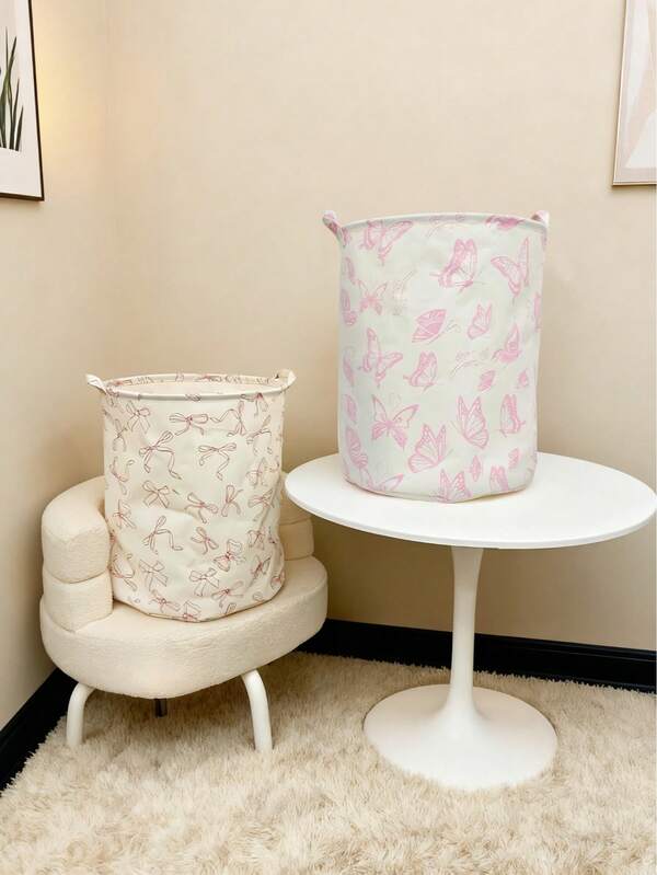 1pc Butterfly Pattern, Printed Large Capacity Foldable Round Storage Basket With Handle, Multipurpose Storage Basket For Bathroom, Room, Laundry, Toys, Suitable For Halloween And Christmas Gifts