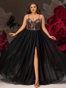 VIPGIRL Große Größen Schwarzes Pailletten-Mesh-Slip-Kleid mit transparentem Rocksaum, elegantes langes Abendkleid für kurvige Frauen, ideal für Galas, formelle Abende oder glamouröse Anlässe - Schwarz - Übersicht 4