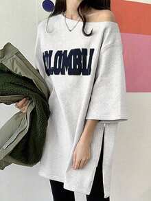 Letter Print Oblique Shoulder Sleeveless Long Loose Casual Zip-Up T-Shirt For Women - Light Grey - View 1