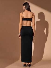 Sequin Striped Elegant High Slit Zipper Rhinestone Formal Evening Gown - Black - View 2