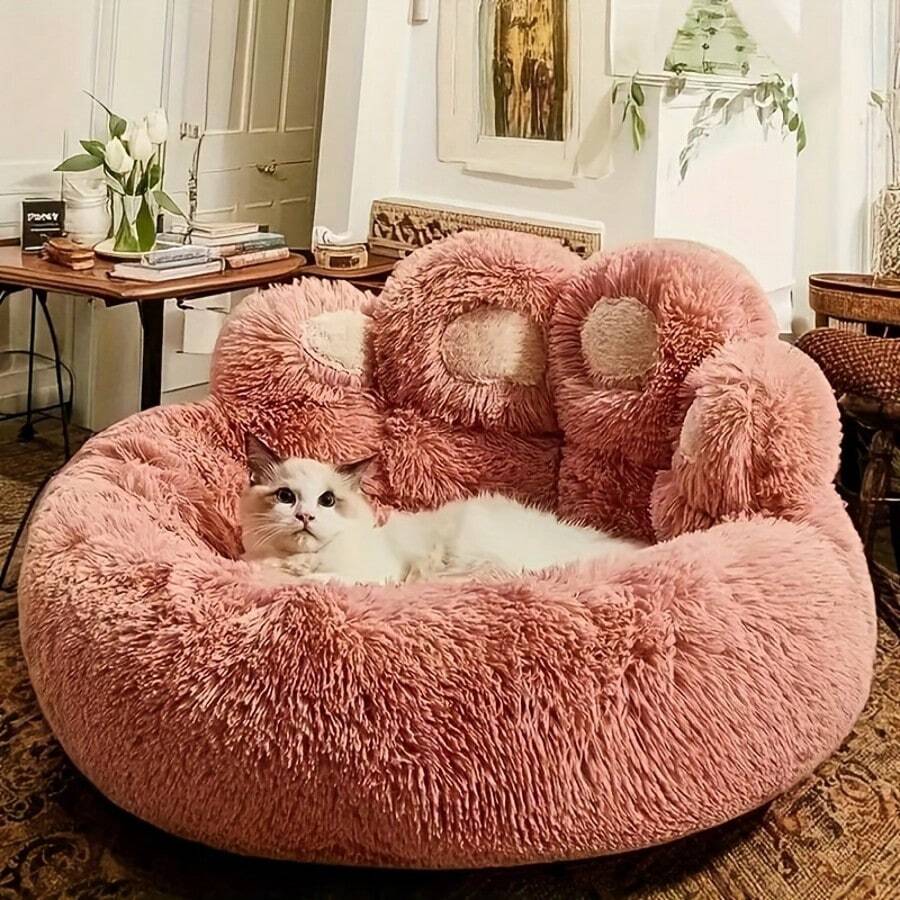 Pet Bed Pet Sofa Soft And Comfortable Bear Paw Pet Bed, Sleep Solution For Dogs And Cats. Comfortable Donut Dog Bed Luxurious Dog And Cat Pad Bed, Bring Cozy Warmth To Cats In Winter. Cute Home Decoration Comfortable For Indoor Use, Perfect Pet Gift. - 粉色 - 查看 1