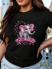 Camiseta negra de algodón para mujer diseño elefante rosa con mariposas estilo tierno y romántico ropa casual cómoda ideal para outfit único  en moda mexicana 2023 suitable para regalo o look diario - Negro - Ver 1
