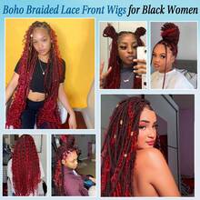 全蕾丝前结盒编织假发，带婴儿头发和波西米亚风卷发，36 英寸合成蕾丝前盒编织假发，日常使用 - 酒紅色 - 查看 7