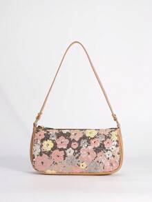 亮片刺绣花卉法棍包女士时尚百搭串珠缝线腋下包搭配撞色刺绣拉链单肩包随机剪裁，适合女士，适合派对、婚礼、舞会，非常适合派对婚礼舞会晚宴/宴会，搭配节日派对礼服晚礼服和亮片礼服（图案随机） - 彩色 - 查看 9