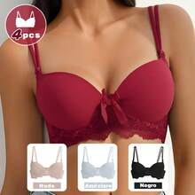 Pack x4 Brasieres Push-Up 3/4 Copa - Ajuste de 3 Niveles, Tirantes Regulables con Lazo, Colores Sólidos Elegantes - Lencería Diaria Cómoda,Nude, Negro, Blanco, Morado - Negro+Blanco+Desnudo+Burdeos - Ver 15