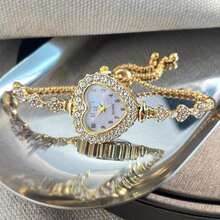 1pc Women's Heart-Shaped Rhinestone Dial Arabic Numeral Display Pull Tab Chain Fashion Convenient Quartz Watch - Gold - 查看 4