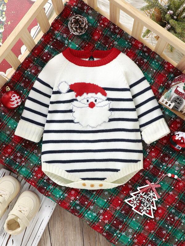بوديسوت أطفال ذات رقبة مستديرة بأكمام طويلة وتصميم مثلث للوسط، بنمط سانتا كلوز وتصميم مخطط، بأسلوب شتوي بسيط وعصري
