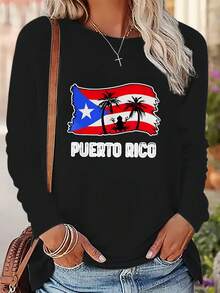 Puerto Rico Flag With Palm Trees And Silhouette Long Sleeve T-Shirt For Women Casual Puerto Rican Pride Graphic Tee White Top - 黑色 - 查看 2