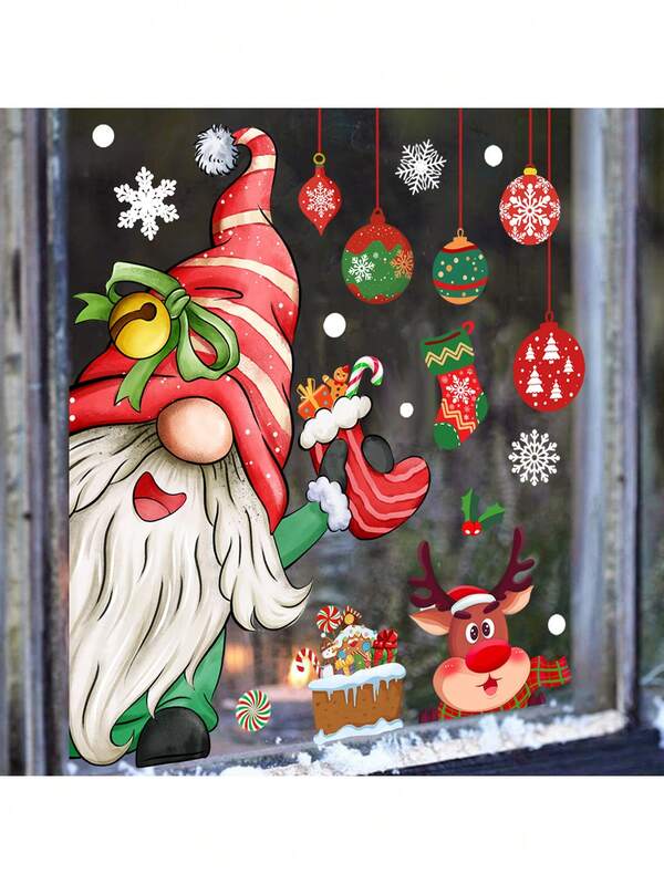 1PC Christmas Window Sticker Little Dwarf And Reindeer Static Cling Window Decoration For Store Window Glass Festive Party