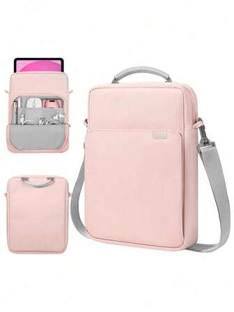 粉色尼龙单肩斜挎包，适用于11英寸/13英寸平板电脑收纳，便携式多功能笔记本电脑包
