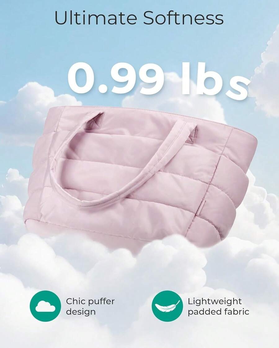 Tote Bag For Women,Quilted Hangbag Bag With Zipper,Lightweight Womens Puffy Shoulder Handbag  With Compartments Shoulder Bag Handbag For Travel, Work, Gym | Lightweight, Puffy, Tote Bag With Compartments, Quilted, For Travel, Work, Practical Valentine's Day Gifts - 淺粉色 - 查看 1