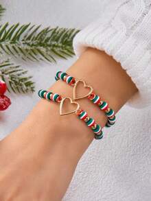 2 piezas Pulsera trenzada con cuentas ajustable con contraste de rojo, verde y blanco navideño