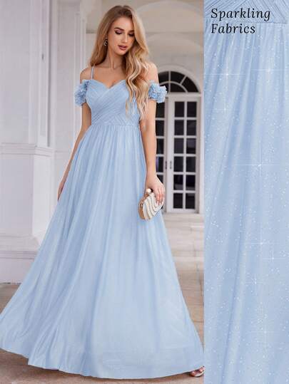 EVERPRETTY Floral Off-Shoulder Backless Bridesmaid Dress In Light Blue, Elegant And Shiny, Suitable For Wedding Guests
