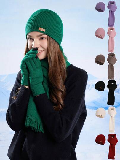 2pcs/3pcs Knitted Hat, Scarf, Gloves Set, Thick Warm Winter Accessories For Women, Suitable For Skiing, Cycling, Hiking, Mountain Climbing Valentines Gift