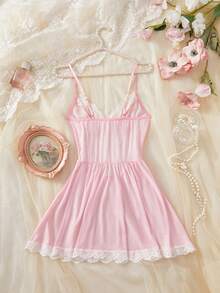 Cămașă de noapte pentru femei de Ziua Îndrăgostiților, pijamale roz, lenjerie de mireasă romantică cu decolteu în V și fundă, spate transparent fără bretele, întâlnire romantică, rochie romantică și sexy - Roz - Vizualizare 7