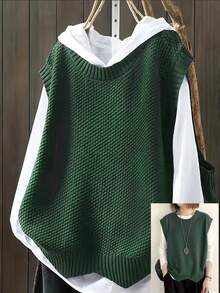 Plus Size Casual Solid Color Crew Neck Knit Sweater Vest - Green - View 1