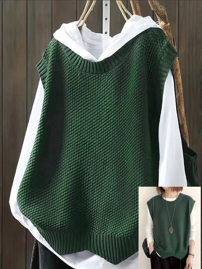 Plus Size Casual Solid Color Crew Neck Knit Sweater Vest