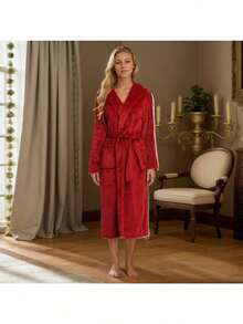 Flannel Plain Weave Hooded Bathrobe, Soft, Comfortable, And Warm Women's Nightgown, Short-Length Terry Cloth Shawl-Collar Bathrobe - 酒紅色 - 查看 1