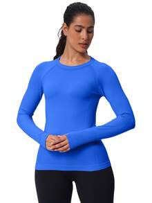 Seamless Slimfit Long Sleeve Top,Workout Shirts For Women Antibacterial Lightweight  Gym - 湖藍色 - 查看 4