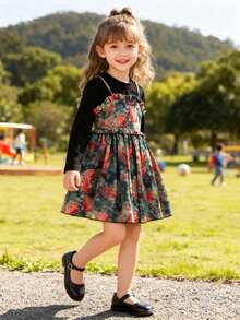 2pcs Girls Spring/Autumn Outfit, Long Sleeve T-Shirt & Floral Print Dress Set