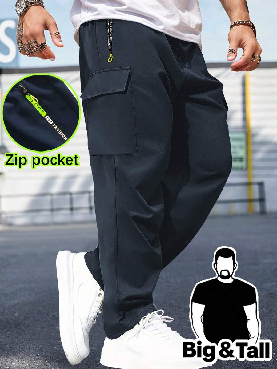 Plus Size Men's Lightweight Cargo Pants, Spring & Autumn, Drawstring Waist, Letter Print, Zipper Pockets, Solid Color, Large Pockets, Suitable For Casual, Sports, Daily Wear
