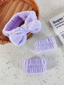 3PCS Solid Color Bath Headbands & 2PCS Wrist Bands - Creative Polyester Bath & Facial Makeup Set, Ideal For Home Bathroom Decor | Back To School, Fall, Christmas - Màu tím - Xem 6