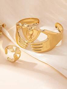 2pcs Fashionable Hug Heart Open Ring & Bracelet Set, Suitable For Women's Daily Decoration, Clothing Accessories, Vacation, Dating, Best Gift For Her