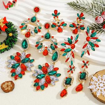 1 对时尚奢华圣诞风格水钻耳环，精致的圣诞节装饰耳环，适合女士时尚日常、庆典、派对、节日、婚礼穿着