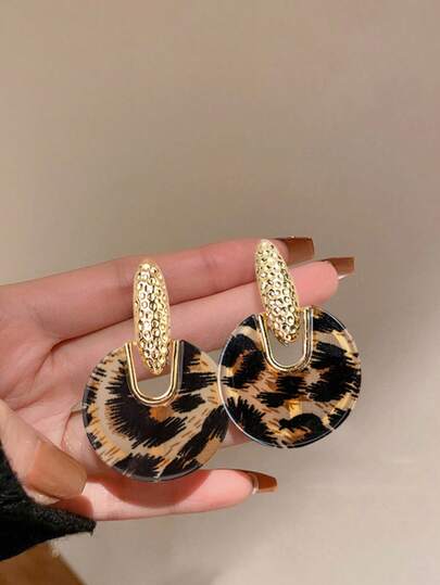 2pcs Retro Leopard Print Personalized Geometric Circle Dangle Earrings For Women Jewelry Female Gift