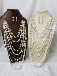 1 Set Women's Fashionable Exaggerated Pearl Decor Necklace, Long Body Chain, Earrings Suit, Elegant Accessories Necklace Round Bead European And American Pearl Necklace New Exaggerated Multi-Layer Collarbone Fashion Retro Versatile Temperament Sweater Jewelry - Pearl Long Necklace Set - View 2