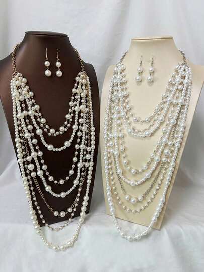 1 Set Women's Fashionable Exaggerated Pearl Decor Necklace, Long Body Chain, Earrings Suit, Elegant Accessories Necklace Round Bead European And American Pearl Necklace New Exaggerated Multi-Layer Collarbone Fashion Retro Versatile Temperament Sweater Jewelry