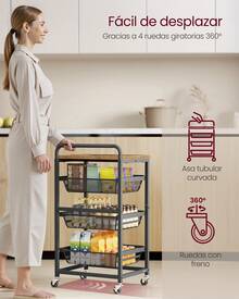 Carrito de Almacenaje de 4 Niveles, con Cestas Extraíbles, Estante de Cocina con Ruedas y Asa, 31,7 x 40 x 76 cm, Marrón Rústico y Negro Tinta - Negro - Ver 3