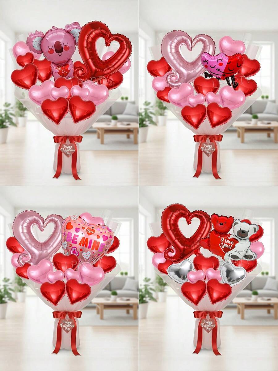 16pcs/Set Valentine's Day Party Decorative Balloons, Suitable For Creating Valentine's Day Bouquets (This Set Only Includes Balloons, No Other Accessories) Mini Hugging Bear/Koala/Couple Bear/Heart-Linked Balloons, 18-Inch Red/Pink/Rose Gold Heart-Shaped Foil Balloons, 10-Inch Red/Pink/Silver Heart-Shaped Foil Balloons, Suitable For Valentine's Day Surprise Gifts, Decorations, Proposals, Engagements - Multicolor - View 1