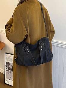 Vintage Minimalist Large Capacity Fashionable Student/Work Commute Tote Bag, Rivet Motorcycle Style Suede-Like Fabric, Handbag & Shoulder Bag For Women Daily Use, Newest Fashionable Suede Bag For Women, Perfectly Matching With Fall Outfits Women, New Arrival Tote Bags For Woman, New Fall Fashion 2025 For Women - Black - View 2