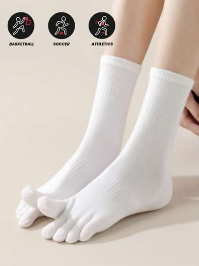 2/4 Pairs Women Sports Socks, Solid Color White Socks For Autumn, Black Mid-Calf Socks For Winter, Unisex Toe Socks, Ankle Socks