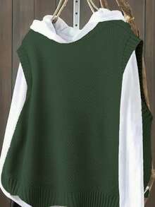 Plus Size Casual Solid Color Crew Neck Knit Sweater Vest - Green - View 2