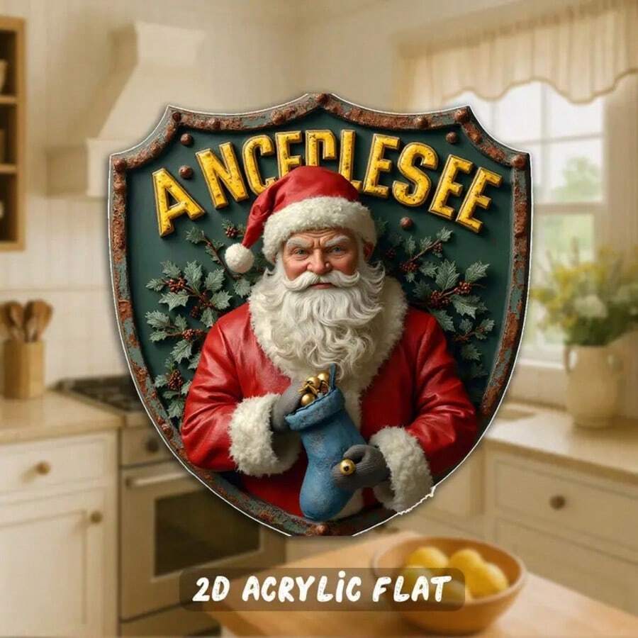 1pc 3.15-Inch Acrylic Fridge Magnet - 2D Flat Design Of Santa Claus With Blue Socks & Bells, Traditional Red Outfit And Holly Berry, Strong Magnetic Suitable For Fridge, Door Or Wall Decor - Christmas, New Year, Winter Holiday Gift - Durable Acrylic Material, High-Quality Printing, Holiday Home Decor, 2D Flat