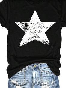 SHIJIYINFAN Women's 3801 Stars Distressed Graphic T Shirt   Black Plus Size Short SLEEs Ve Round Neck Tee With White Star Design - 黑色 - 查看 1