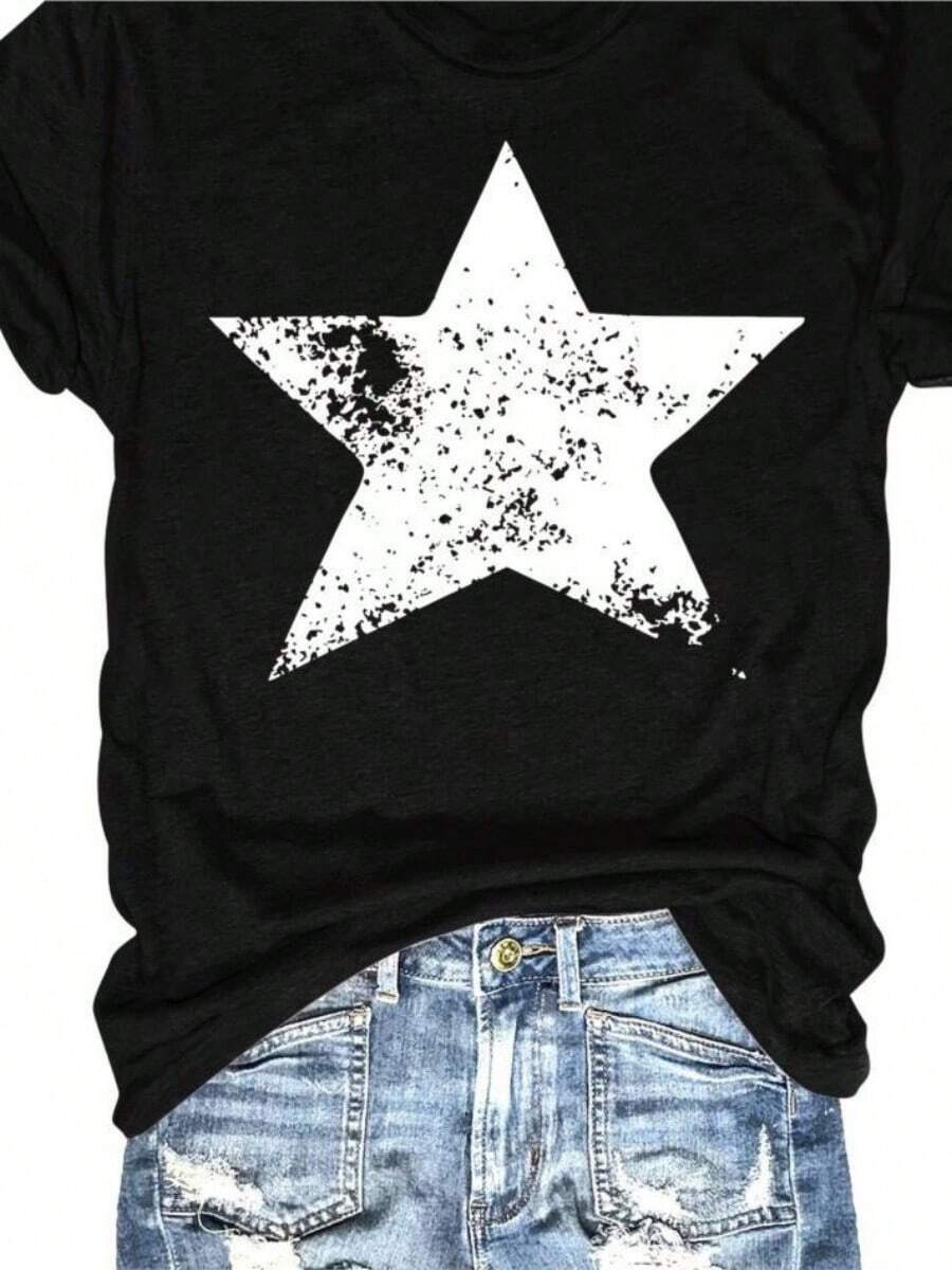 SHIJIYINFAN Women's 3801 Stars Distressed Graphic T Shirt Black Plus Size Short SLEEs Ve Round Neck Tee With White Star Design - 黑色 - 查看 1