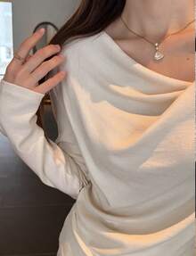 Plain Casual Draped Rib Knit Asymmetrical Everyday - Cream - View 1