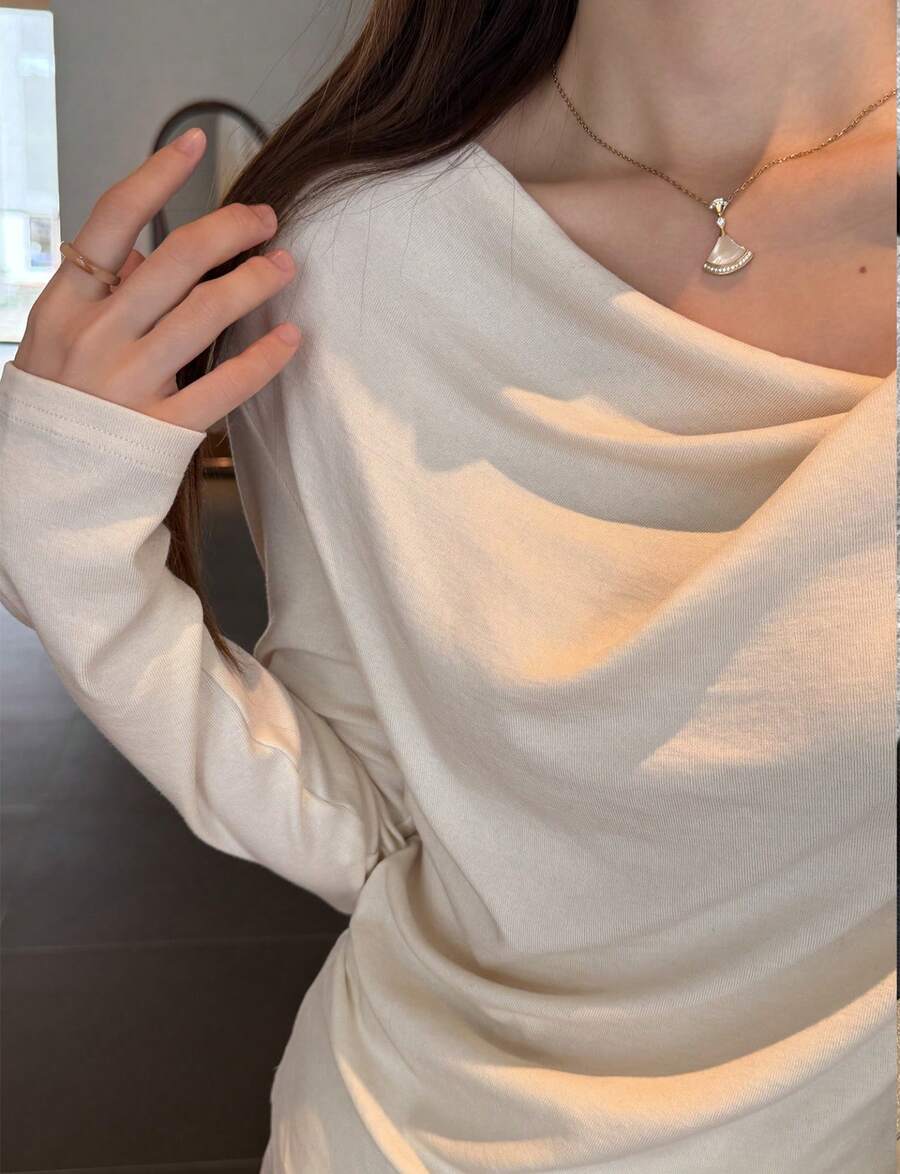 Plain Casual Draped Rib Knit Asymmetrical Everyday - Cream - View 1